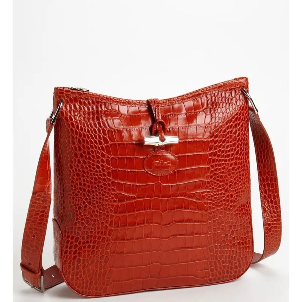 Longchamp Red Croc-Embossed Shoulder Bag with Silver Hardware